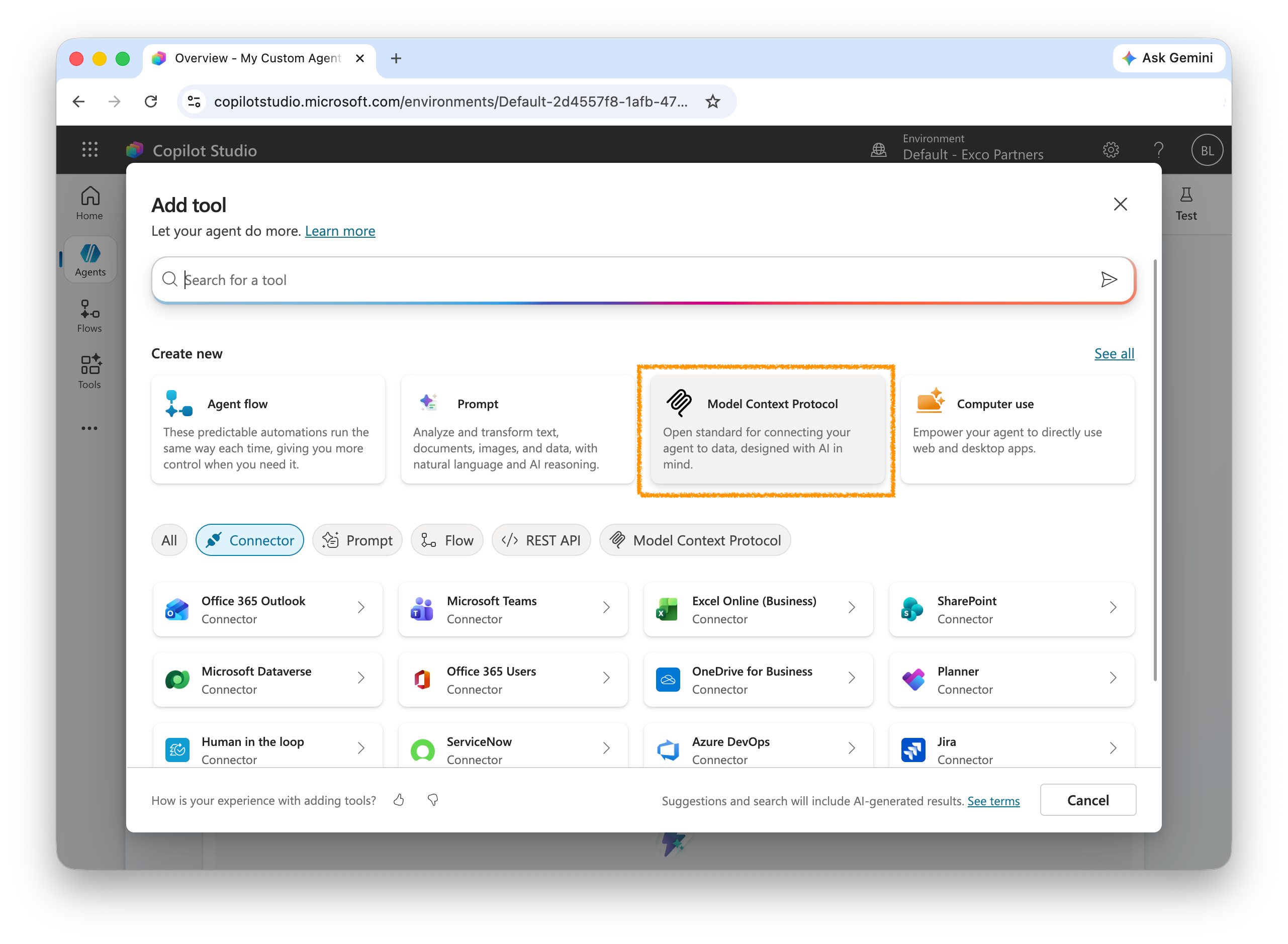 Select MCP Tool option